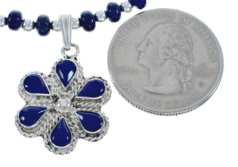 Native American Lapis And Sterling Silver Flower Pendant Bead Necklace JX125439